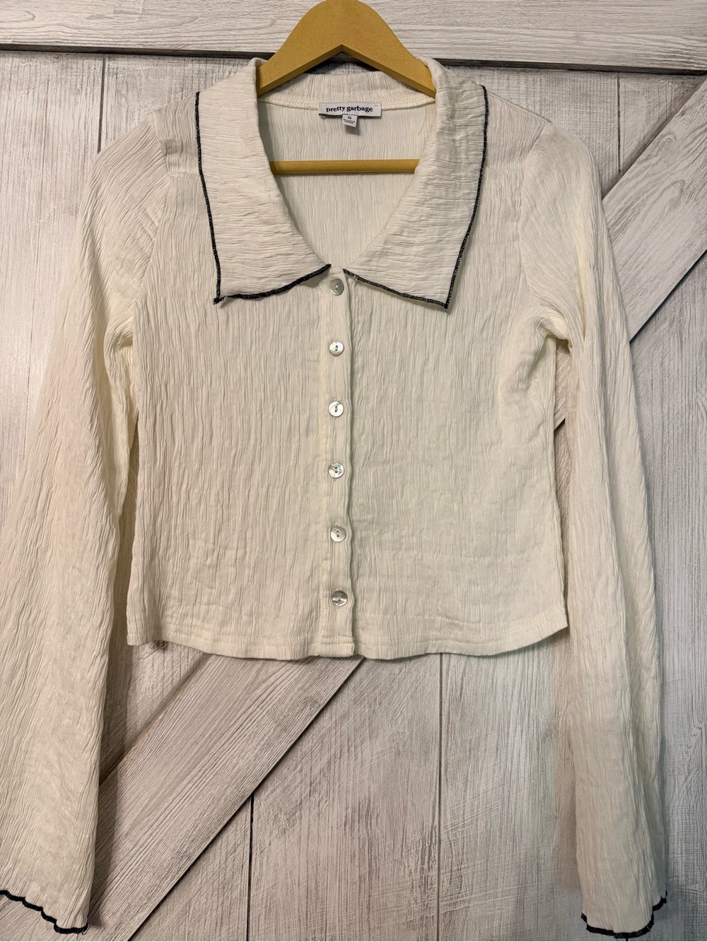betty garbage Cream Button-Down Textured Collared Blouse